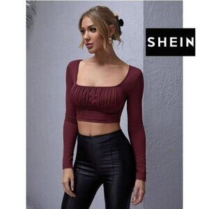 SHEIN Women's Square Neck‎ Ruched Bust Crop Long Sleeve Tee